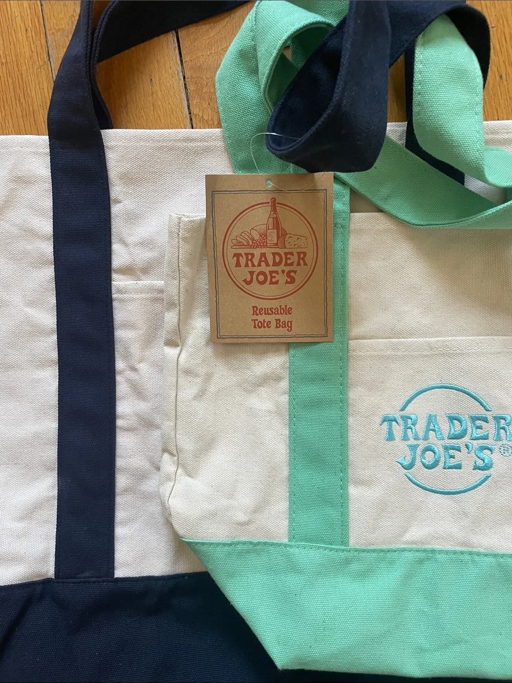 2 New Trader Joe’s Tote Bags Mini & Large   Navy Teal small bag light blue Lot